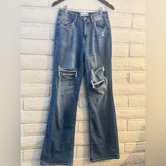 Fashion Nova Denim - Fashion Nova Distressed Flare Jeans Size 7 High Rise Medium Wash Stretch